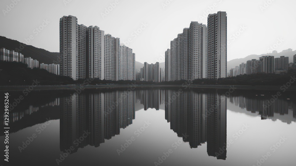 Fototapeta premium Urban lake reflection, cityscape, tranquil morning, Asian city, real estate