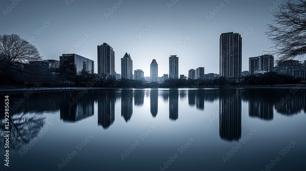 Obraz premium City skyline reflected in calm lake at dawn