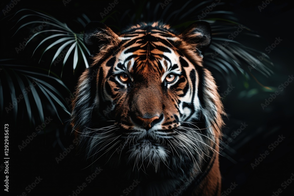 Fototapeta premium A striking image of a tiger with intense gaze, surrounded by lush green foliage in a dark setting, showcasing its majestic beauty and powerful presence.