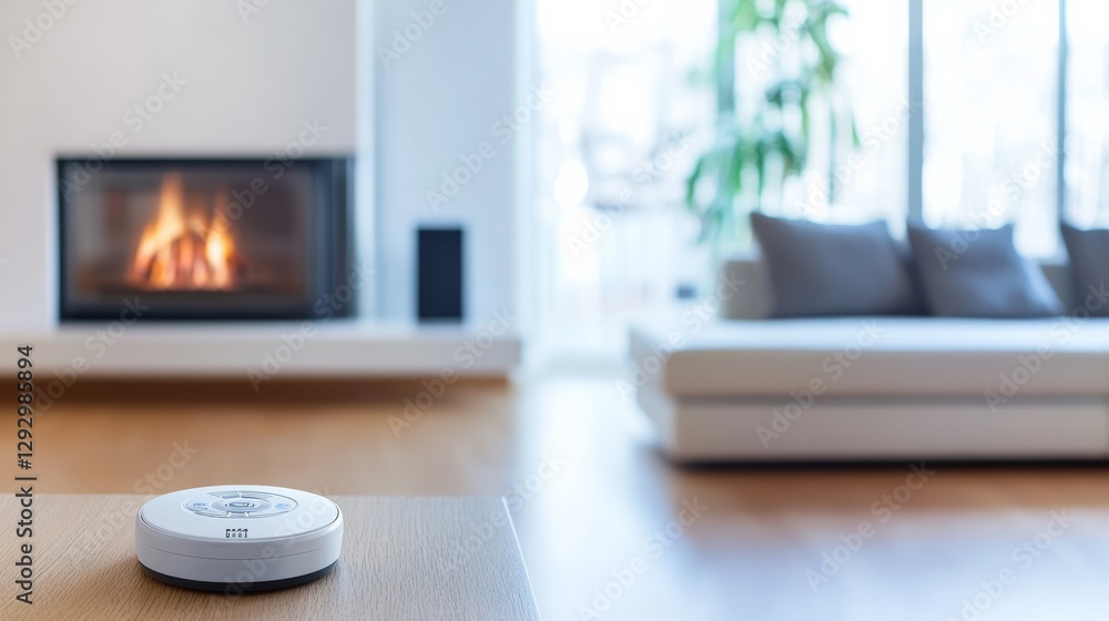 Carbon monoxide alarm in a living room near a gas heater. Featuring emergency detection and safety Carbon monoxide alarm in a living room near a gas heater. Featuring emergency detection and safety