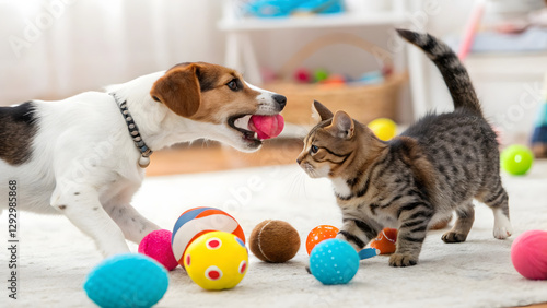 Playful pet care engaging dogs and cats with colorful toys in a cozy indoor space