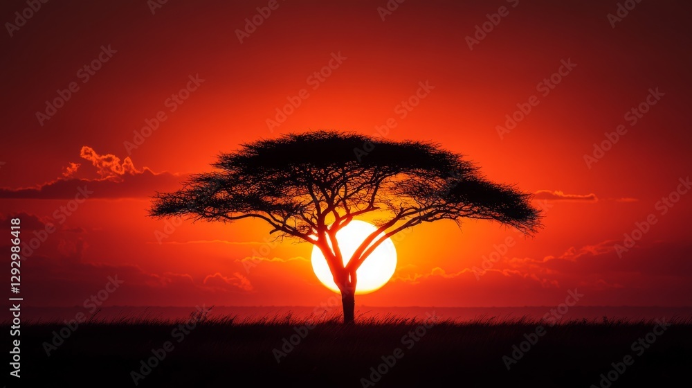Obraz premium A silhouette of a tree against a fiery sunset sky, with the sun just touching the horizon, creating a dramatic contrast between the dark tree and the bright colors of the sky.