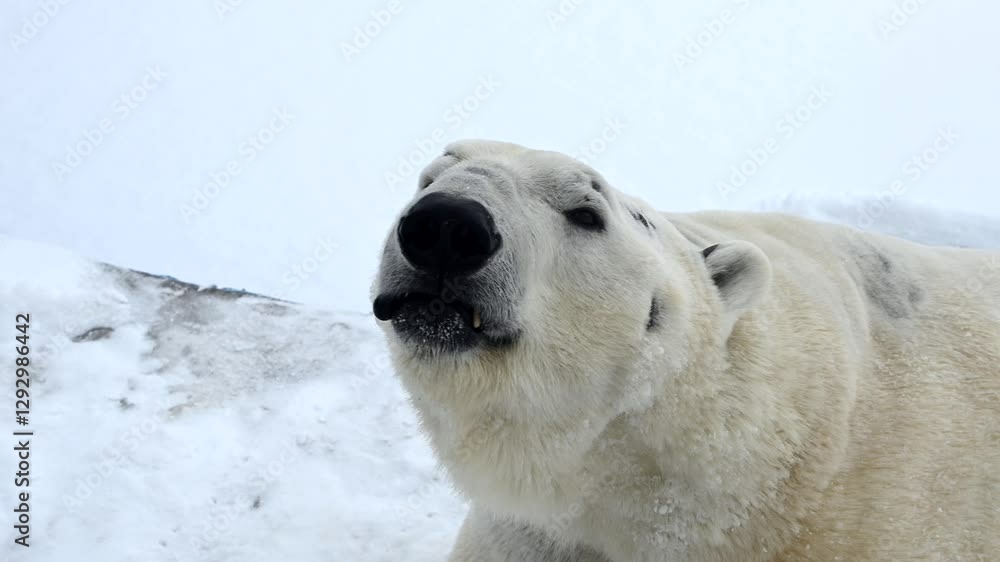 Polar bear enjoys winter play in freshly fallen snow near frozen lake in the Arctic