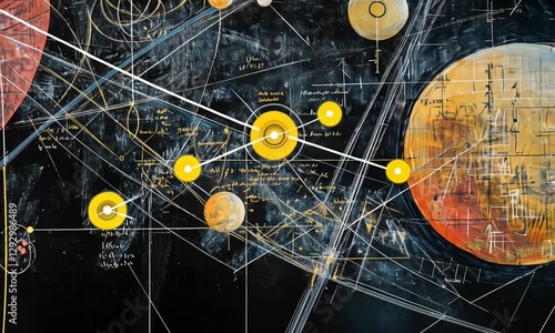 Abstract cosmic illustration depicting planets, orbits, and mathematical equations on a dark background