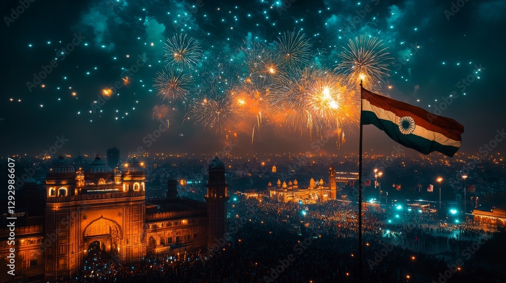 Obraz premium A vibrant scene of fireworks exploding in the night sky above a city, with a large national flag waving in the foreground. Families gather to watch and celebrate Independence Day.