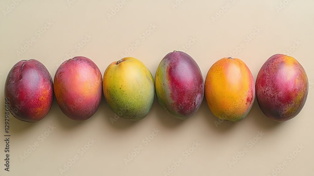 Whole mangoes arranged neatly on a light-colored background, highlighting their smooth skin and rich color, ready to be cut into slices. Whole mangoes arranged neatly on a light-colored background, highlighting their smooth skin and rich color, ready to be cut into slices.