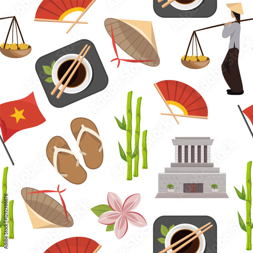 Seamless pattern with traditional Vietnamese symbols and cultural elements on white background