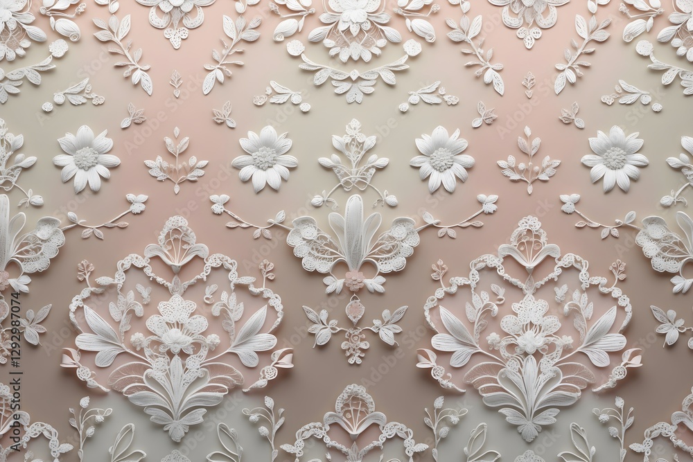Intricate White Lace Floral Pattern on Soft Gradient Background, Detailed Embossed Design, Ideal for Elegant Wallpapers