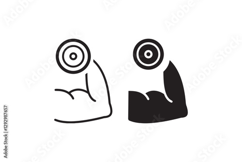 Flexed bicep lifting dumbbell icon in black and white Vector