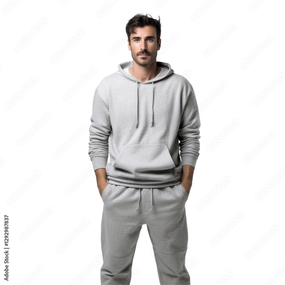 A man wearing a gray sweatshirt and gray pants. isolated on transparent background A man wearing a gray sweatshirt and gray pants. isolated on transparent background