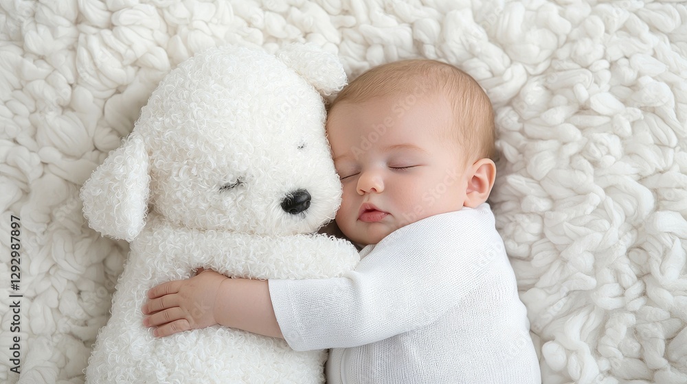 Baby sleeping cuddling stuffed animal, white background, comfort, relaxation, use for baby products, child care, healthcare Baby sleeping cuddling stuffed animal, white background, comfort, relaxation, use for baby products, child care, healthcare