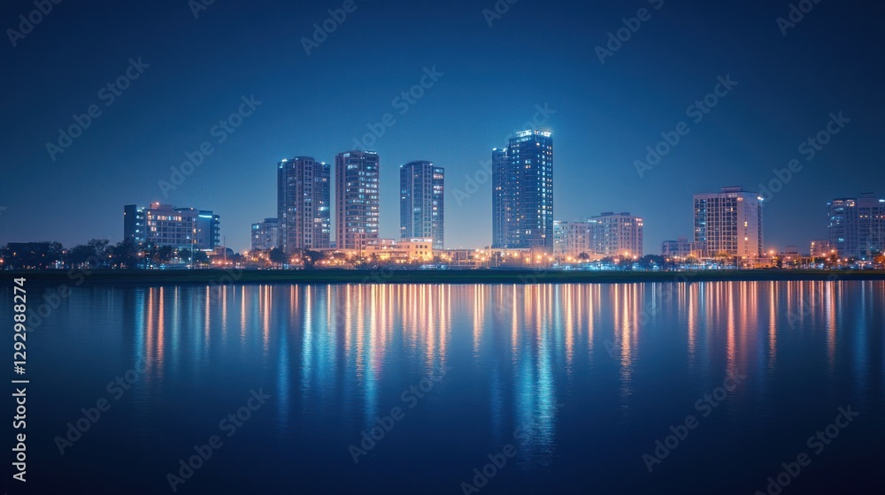 Naklejka premium Night cityscape, river reflection, urban skyline, calm waters, tranquil scene