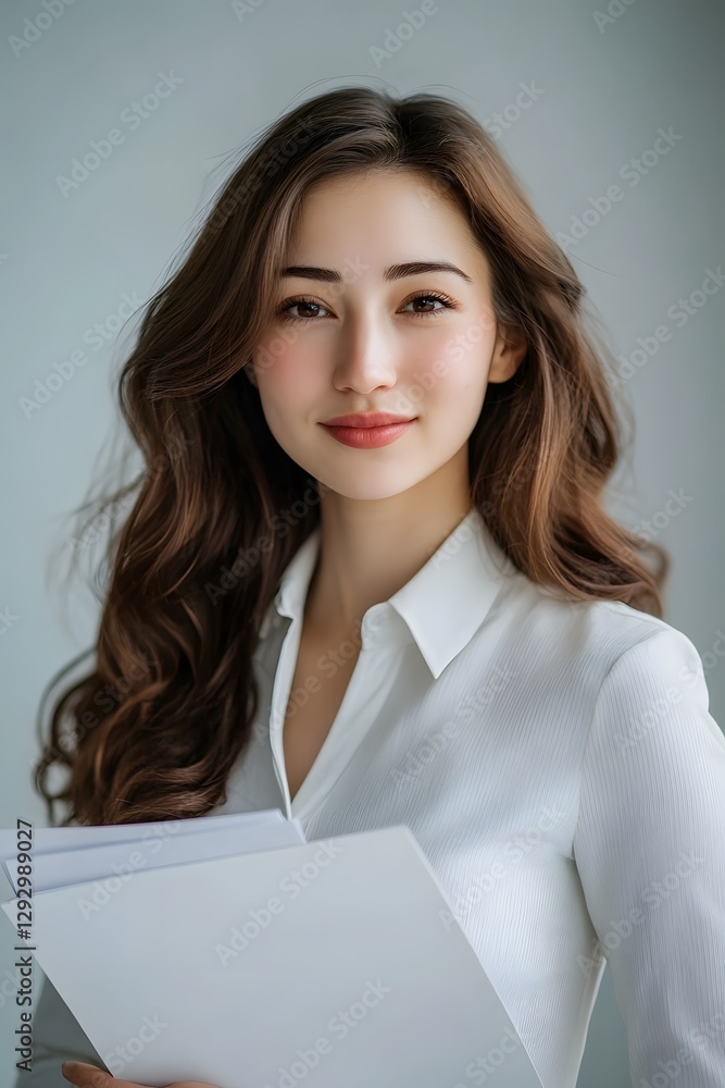 Confident Office Woman Holding Documents with Subtle Smile Confident Office Woman Holding Documents with Subtle Smile