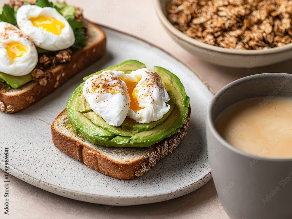 A delicious plate featuring avocado toast topped with poached eggs, paired with a bowl of granola and a cup of coffee. A delicious plate featuring avocado toast topped with poached eggs, paired with a bowl of granola and a cup of coffee.
