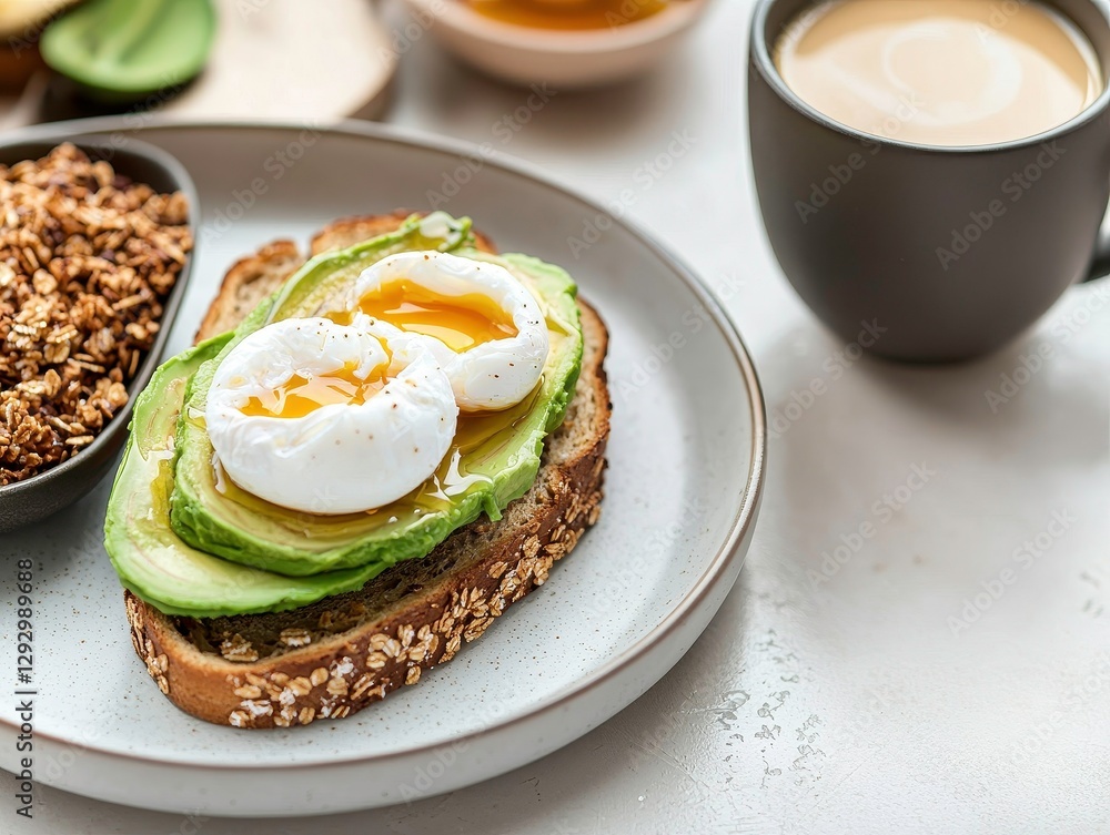A healthy breakfast plate featuring avocado toast topped with poached eggs, granola, and a cup of coffee. A healthy breakfast plate featuring avocado toast topped with poached eggs, granola, and a cup of coffee.
