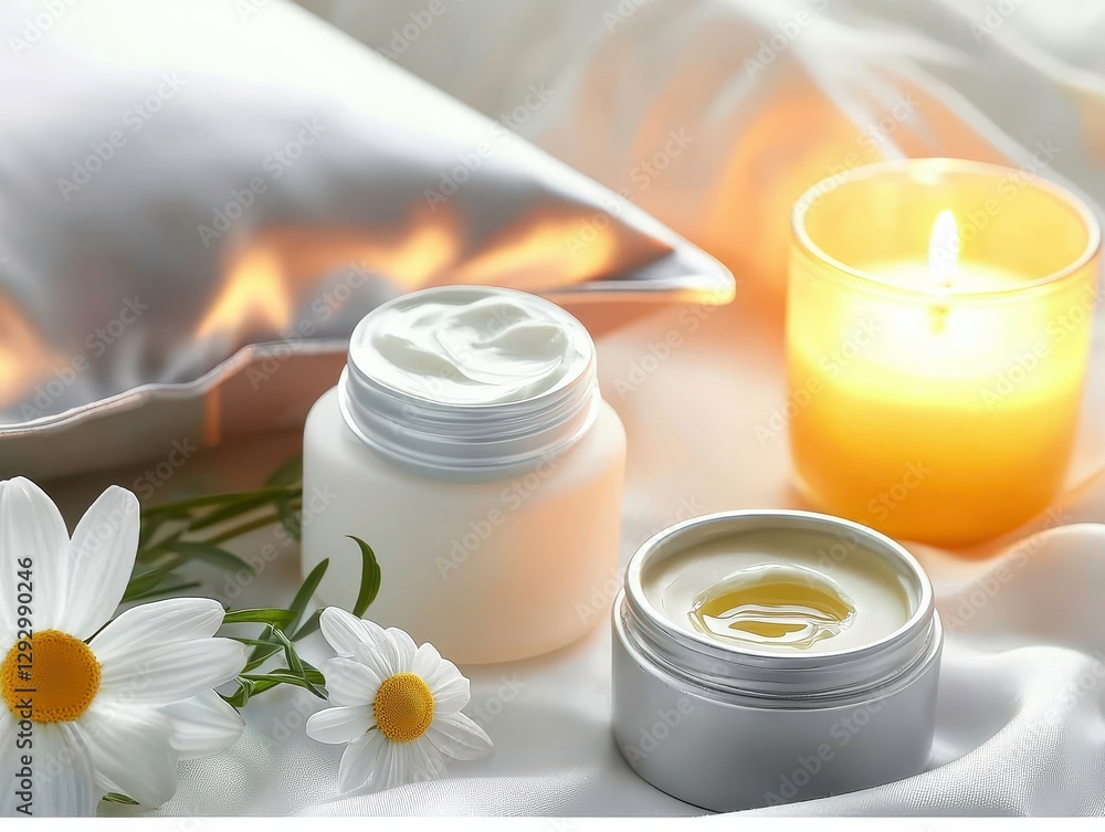 A serene composition featuring skincare products, a lit candle, and delicate flowers, evoking relaxation and self-care. A serene composition featuring skincare products, a lit candle, and delicate flowers, evoking relaxation and self-care.