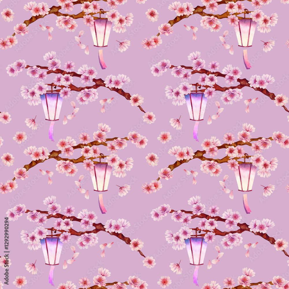 Blooming branches of a pink flowers with a burning Japanese lantern. Seamless pattern of spring cherry, apple, almond tree on a lilac background. Watercolor template for Hanami, textile, wallpaper Blooming branches of a pink flowers with a burning Japanese lantern. Seamless pattern of spring cherry, apple, almond tree on a lilac background. Watercolor template for Hanami, textile, wallpaper