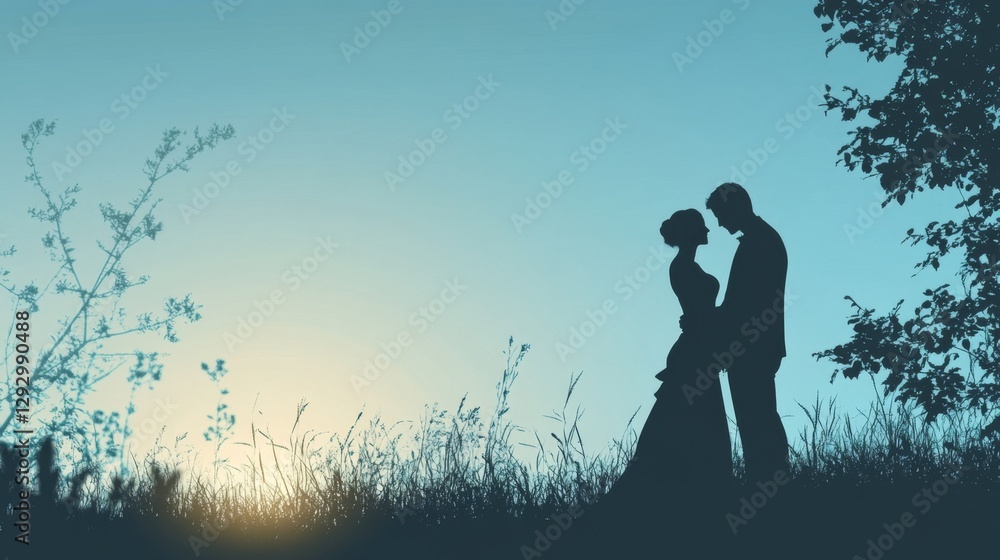 Romantic Silhouette of Newly Married Couple at Sunset by Soft Light Romantic Silhouette of Newly Married Couple at Sunset by Soft Light