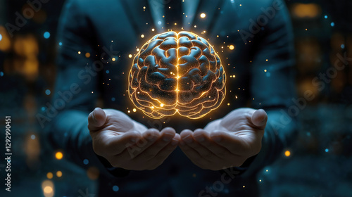 A businessman in a sleek suit holding a glowing, glass-like brain in his hands. The brain emits a soft neon and golden light. Created with Generative AI.