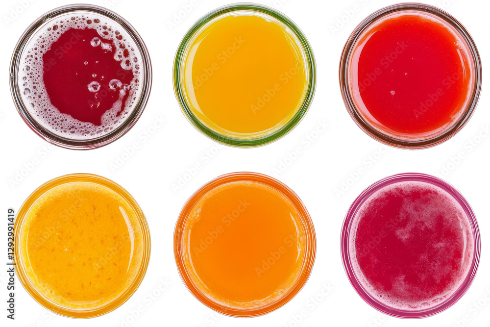 Vibrant Fruit Juices in Glass Cups Vibrant Fruit Juices in Glass Cups