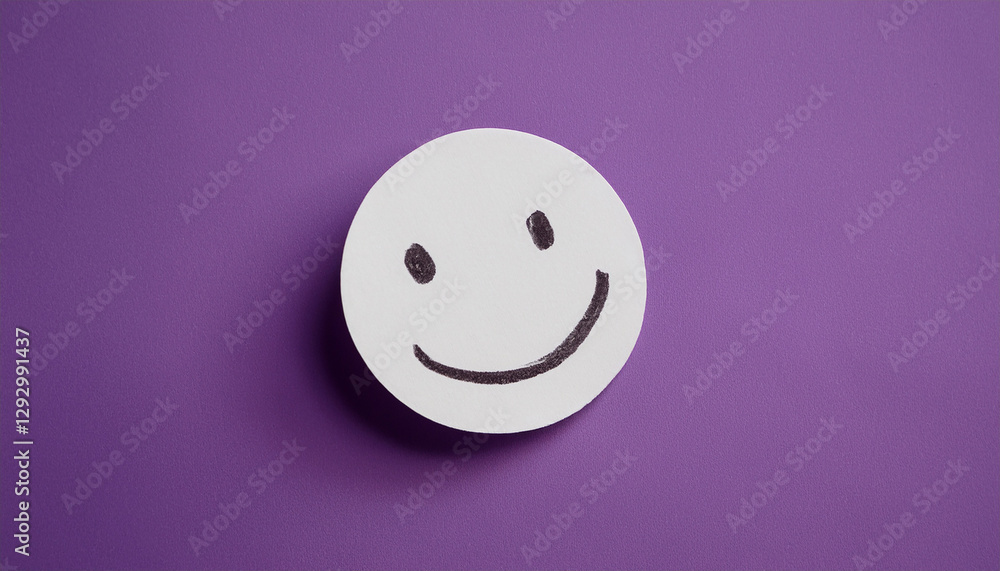 White sticky paper note with drawn happy emoji face on purple background. Emotion, mental state White sticky paper note with drawn happy emoji face on purple background. Emotion, mental state