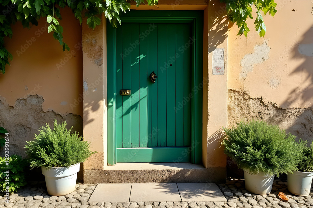 Fototapeta premium Charming Green Wooden Door Surrounded by Potted Plants in Rustic Wall Setting
