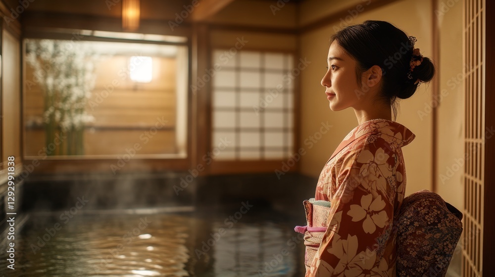 Young Asian Woman Relaxing in a Tranquil Hot Spring Setting Young Asian Woman Relaxing in a Tranquil Hot Spring Setting