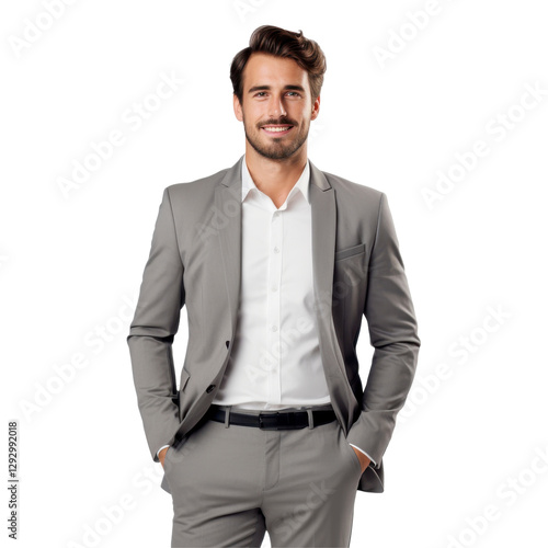 A man in a gray suit and white shirt. isolated on transparent background