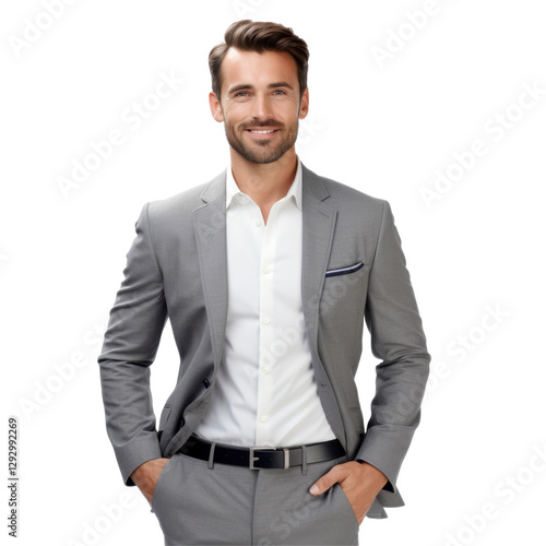 A man in a gray suit and white shirt. isolated on transparent background