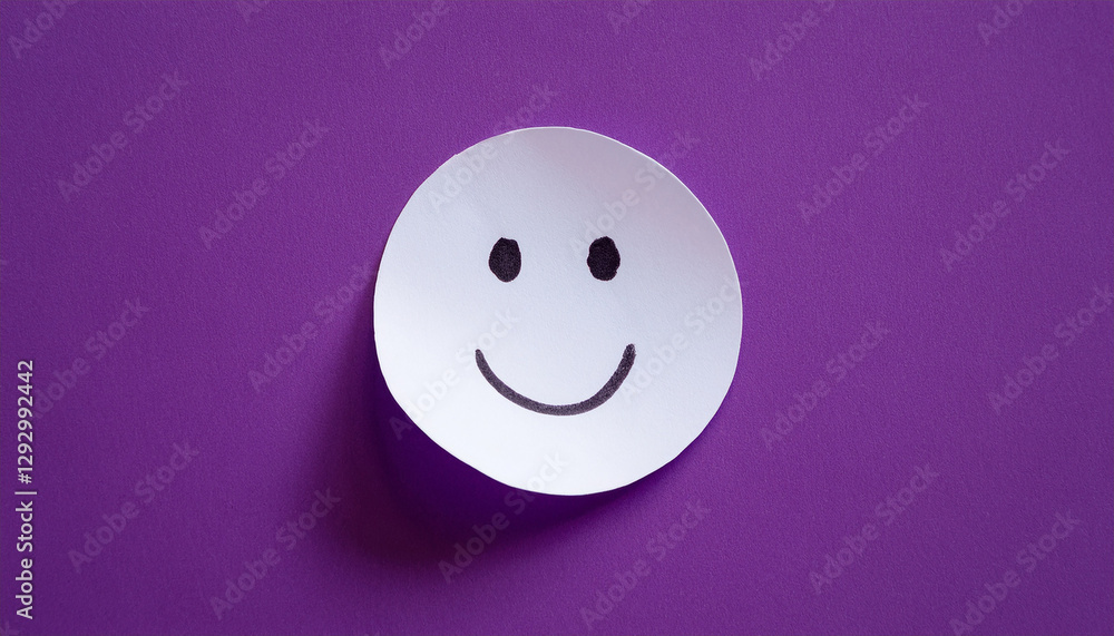 Fototapeta premium White sticky paper note with drawn happy emoji face on purple background. Emotion, mental state