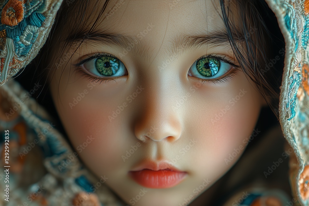 An Asian child with bright green eyes, wearing a traditional embroidered outfit. An Asian child with bright green eyes, wearing a traditional embroidered outfit.