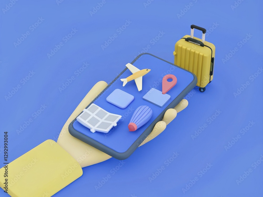 Obraz premium Smartphone in Hand with Travel Icons on Screen and Yellow Suitcase, Vacation Planning Concept