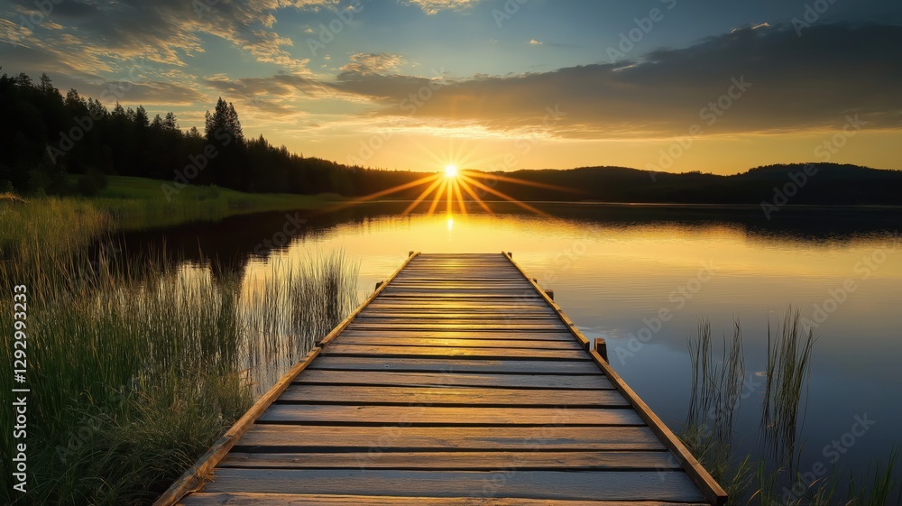 Fototapeta premium wooden dock on the edge of an alpine lake at sunset