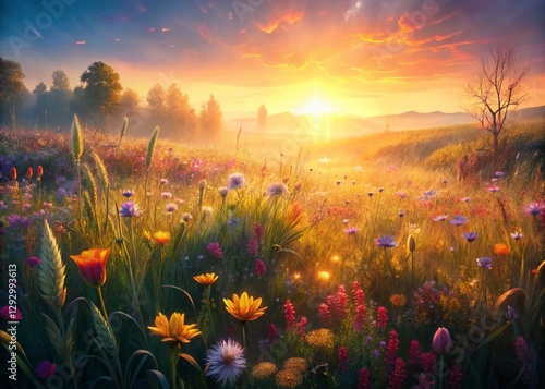 Dawn Meadow Blossoms: Serene Sunrise Landscape Stock Photo