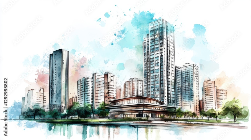 Fototapeta premium A vibrant watercolor illustration showcasing a modern city skyline with towering buildings and lush green surroundings, capturing urban life and culture.