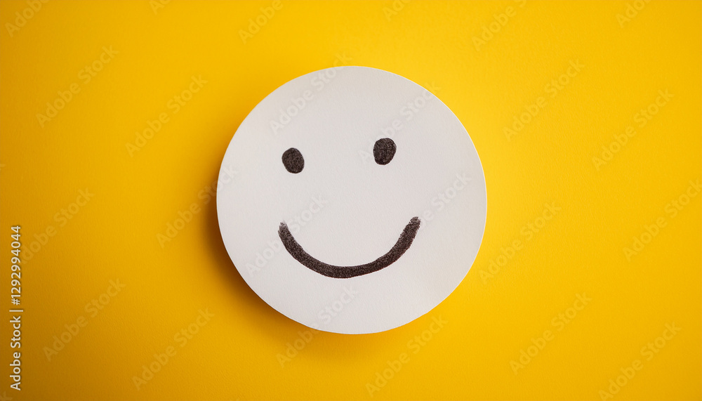 Fototapeta premium White sticky paper note with drawn happy emoji face on yellow background. Emotion, mental state