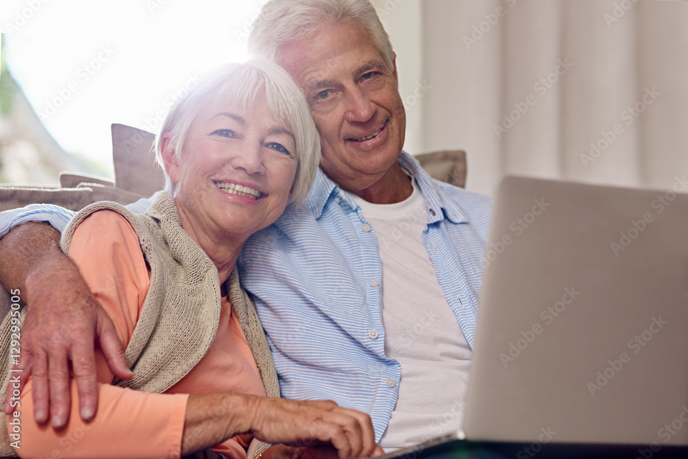 Happy, senior couple and portrait with laptop on sofa for pension fund, retirement plan or entertainment at home. Elderly man, woman or lovers with smile or relax on computer for online app at house Happy, senior couple and portrait with laptop on sofa for pension fund, retirement plan or entertainment at home. Elderly man, woman or lovers with smile or relax on computer for online app at house