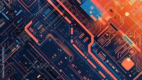 A vibrant abstract background featuring a dynamic blend of navy blue and orange gradients, showcasing intricate lines and patterns. Perfect for technology-themed projects.
