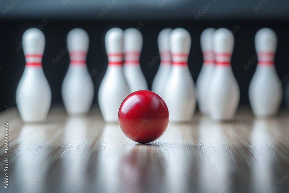 A striking image of a red bowling ball poised in front of white bowling pins on a wooden lane, capturing the essence of leisure and competitive spirit. A striking image of a red bowling ball poised in front of white bowling pins on a wooden lane, capturing the essence of leisure and competitive spirit.