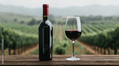 Elegant Red Wine Bottle and Glass on Wooden Table Overlooking Scenic Vineyard Landscape in Soft Evening Light