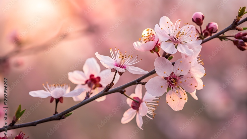 Blossom Branch: Delicate blossoms of a flowering tree reach towards the warm light, revealing the gentle embrace of spring, a time of renewal and beauty. Blossom Branch: Delicate blossoms of a flowering tree reach towards the warm light, revealing the gentle embrace of spring, a time of renewal and beauty.