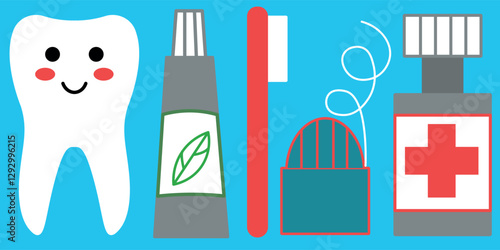 Dental Care Essentials with Illustrations of Tools and Smiling Tooth