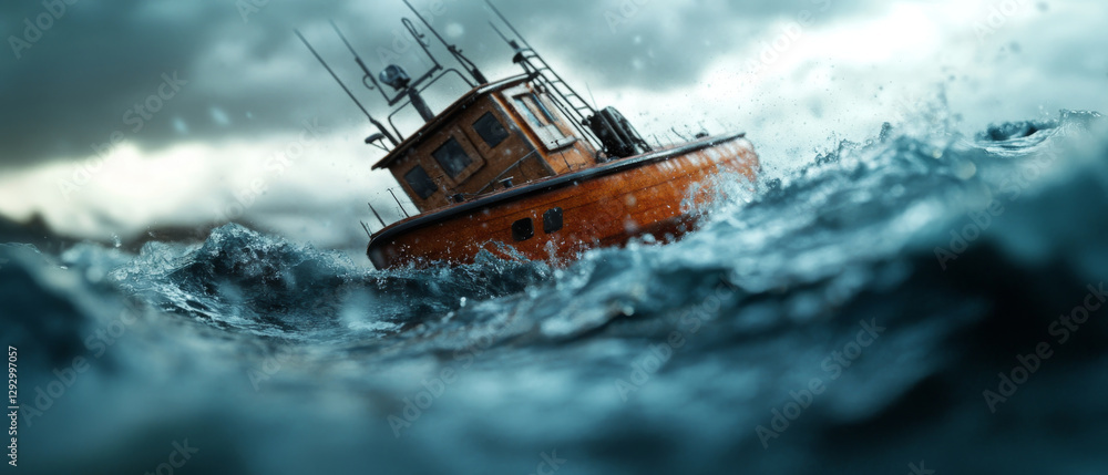 Obraz premium small fishing boat battles turbulent waves of stormy sea, showcasing nature raw power and beauty