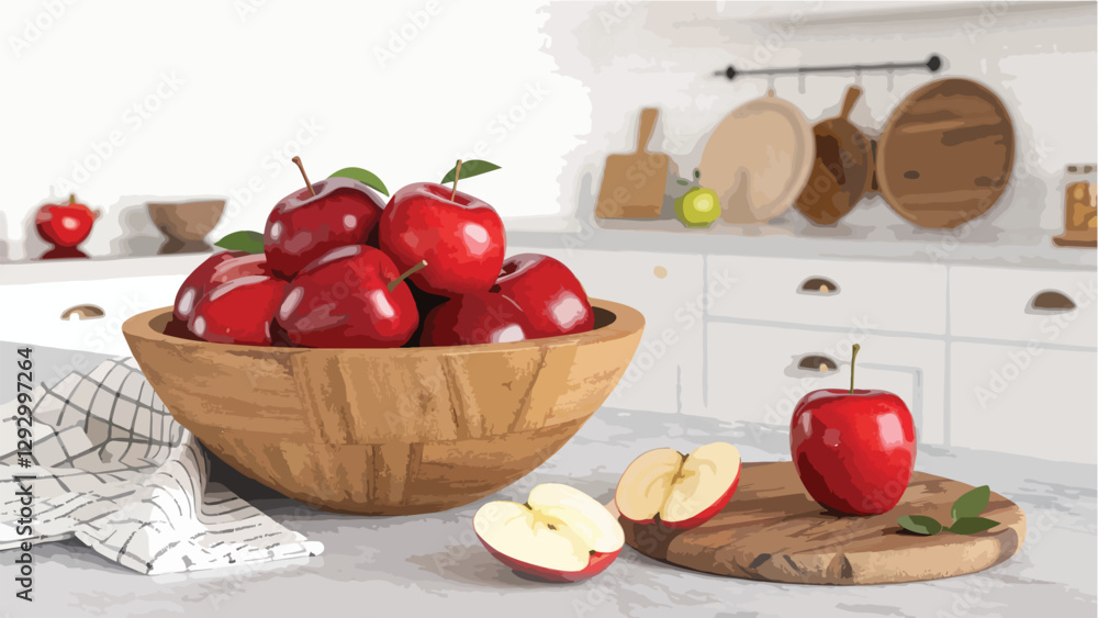 Apple in wicker basket on table in kitchen vector design, Red Apple Illustration vector design Apple in wicker basket on table in kitchen vector design, Red Apple Illustration vector design