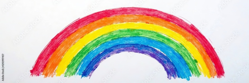 Fototapeta premium Bright and vibrant crayon rainbow drawing on white paper, crayon, rainbow, childhood