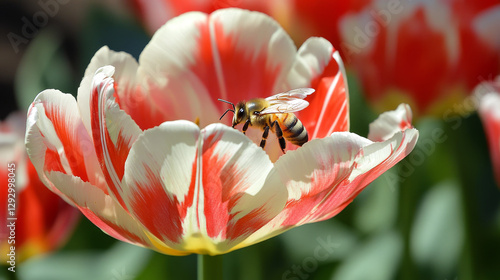 closeup of bee hovering near vibrant red and white flower, showcasing nature beauty and importance of pollinators