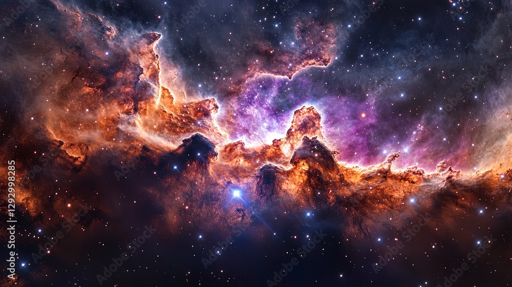 Fototapeta premium Abstract view of swirling nebula clouds in magenta and violet, with starry background 