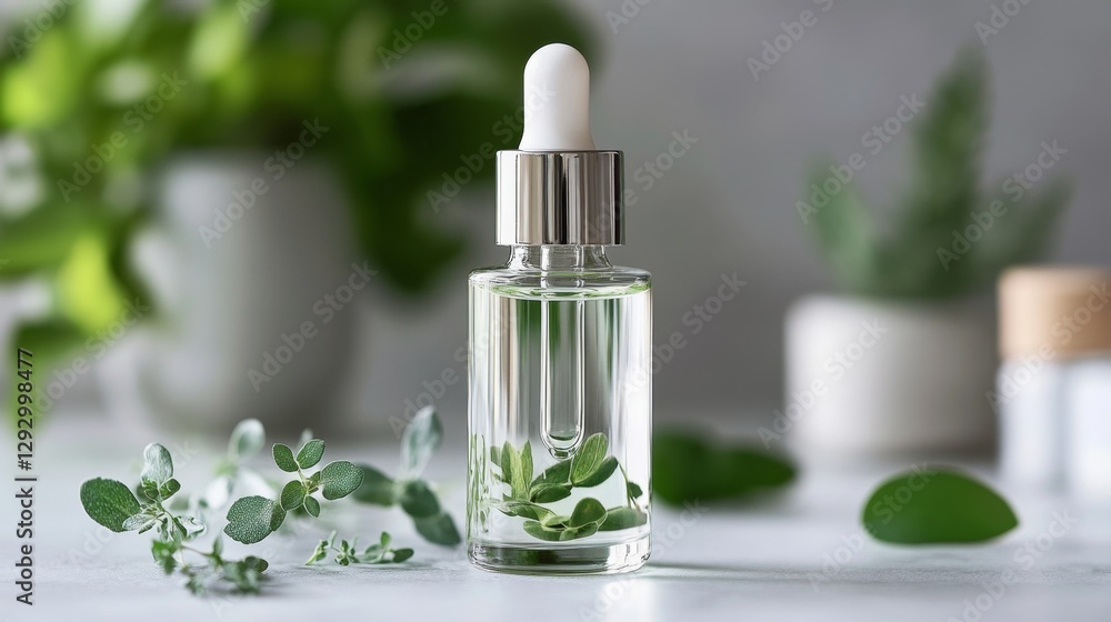 Transparent Serum Bottle with Dropper and Green Foliage Elements Transparent Serum Bottle with Dropper and Green Foliage Elements
