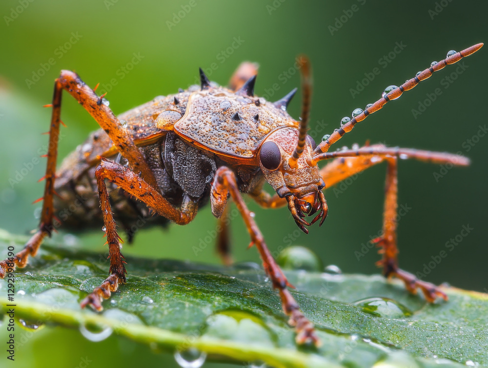 Fototapeta premium Closeup of insect with dewdrops on green leaf, showcasing intricate details and textures
