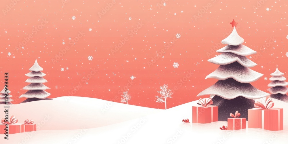 Festive Christmas Scene: A winter wonderland with decorated Christmas trees, falling snowflakes, and wrapped gift boxes, all set against a warm, inviting color palette.